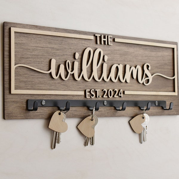 Personalized Family Name Wooden Entryway Organizer Key Holder Engraved Sign Home Decor