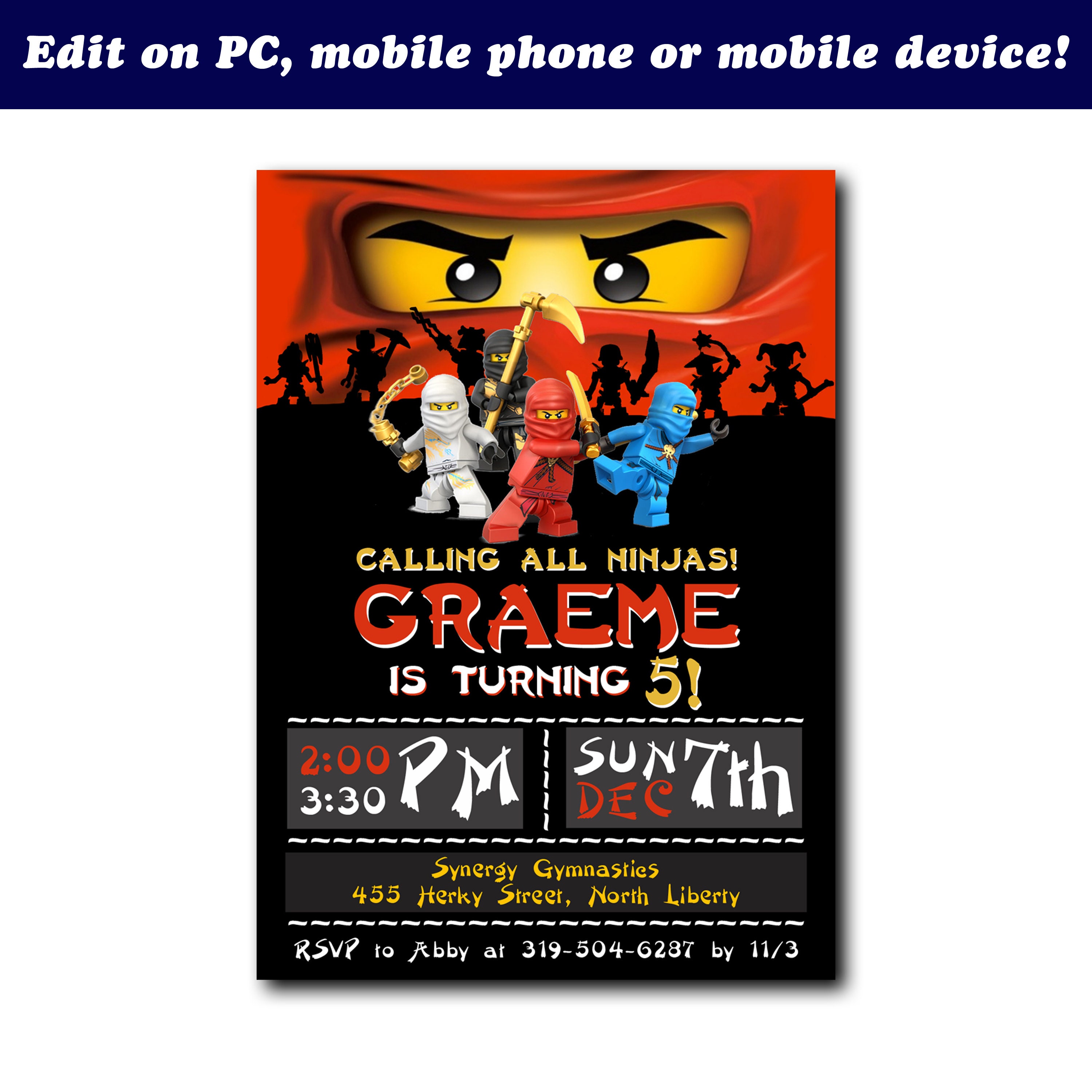 Ninjago Birthday Invitation Ninjago Birthday Invites Ninjago Etsy