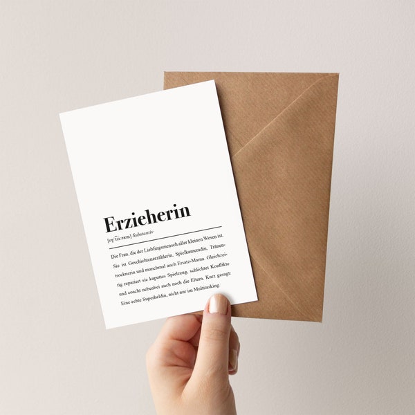 Erzieherin Karte mit Umschlag: Erzieherin Definition | Abschiedskarte für den Kindergarten, Dankeschön-Geschenk