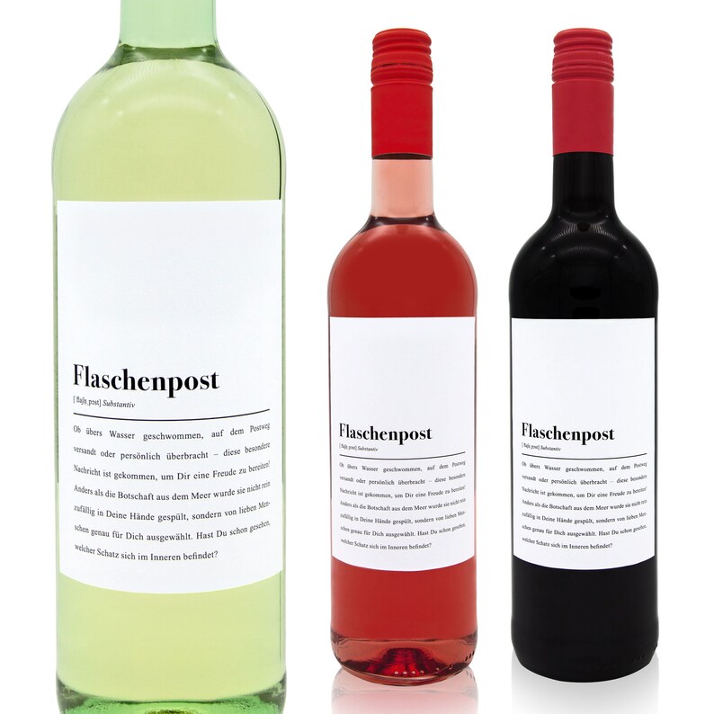 May include: Three glass bottles with white labels that say "Flaschenpost" in black text. The bottles are filled with white, pink, and red wine. The labels have text in German.