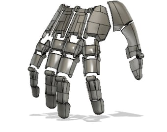 May include: A detailed 3D model of a robotic hand, rendered in a grey colour scheme. The hand is composed of multiple articulated segments, suggesting a complex mechanical design.
