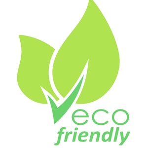 May include: Green eco-friendly logo with two stylized leaves and a checkmark. The text "eco friendly" is written below the leaves.