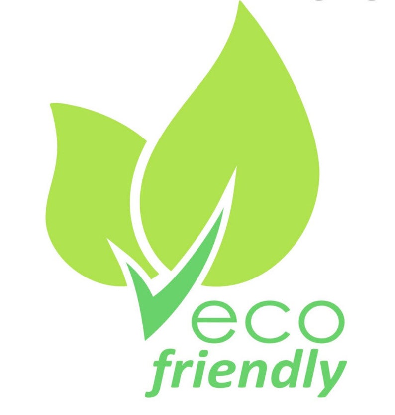 May include: Green eco-friendly logo with two stylized leaves and a checkmark. The text "eco friendly" is written below the leaves.