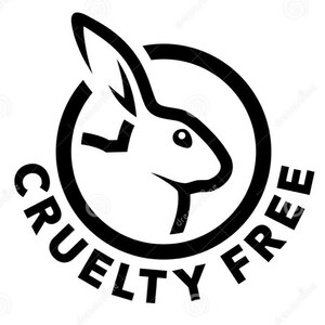 May include: Black and white graphic of a rabbit inside a circle with the text "Cruelty Free" around it.