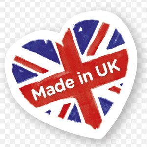 May include: A heart-shaped sticker with a red, white, and blue Union Jack flag design. The sticker says "Made in UK" in white text.