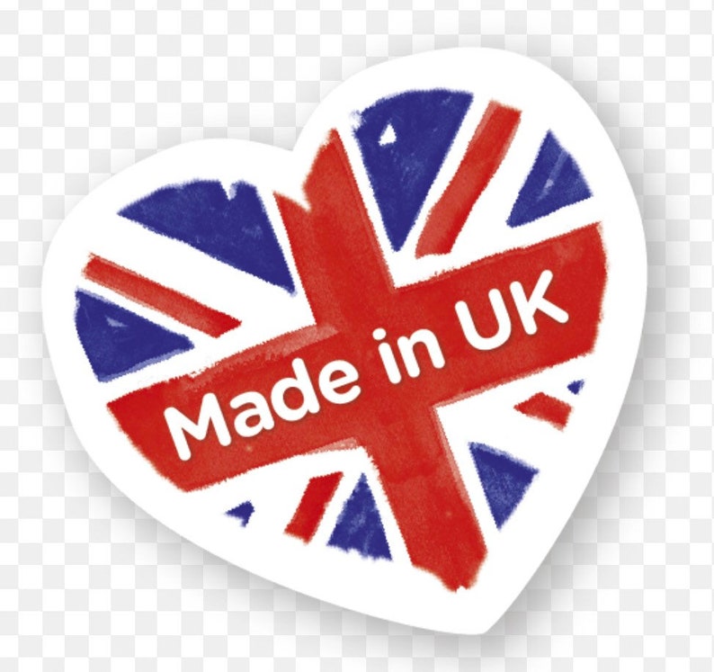 May include: A heart-shaped sticker with a red, white, and blue Union Jack flag design. The sticker says "Made in UK" in white text.