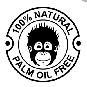 May include: Black and white illustration of an orangutan with the text "100% NATURAL PALM OIL FREE" in a circle around the orangutan.