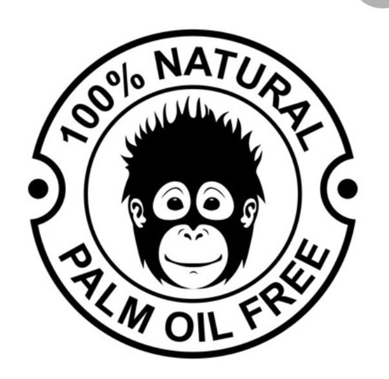 May include: Black and white illustration of an orangutan with the text "100% NATURAL PALM OIL FREE" in a circle around the orangutan.