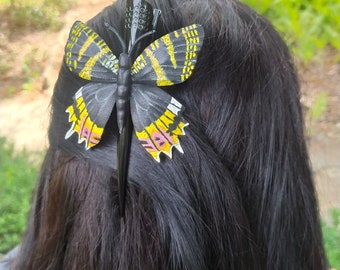 Genuine leather hair clip butterfly black with yellow gift for her leather gift hair accessory leather butterfly hair clip