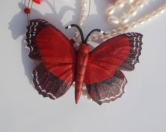 Brooch Red butterfly Leather brooch Butterfly Romantic jewelry on a coat Leather butterfly with heart Accessories insect lover's gift animal