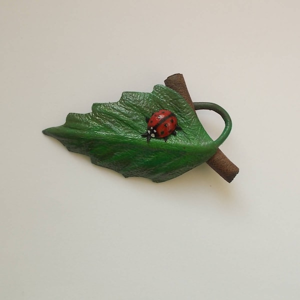 Green leaf brooch Beetle brooch Leather brooch Ladybird jewelry Green brooch pin Funny brooch Leather art Funny animal Red beetle