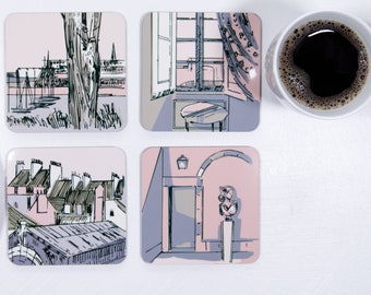 Blush themed coaster set of 4, made from cork and a hard wipeable laminate depicting the french port of St Malo. Designed by Curiouslions.