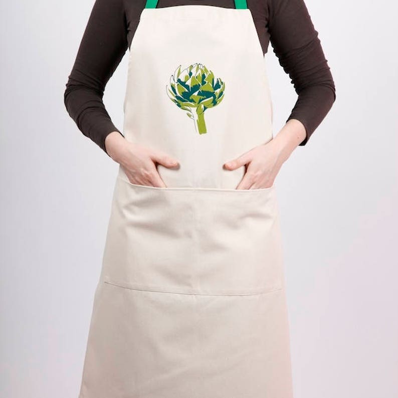 Apron with artichoke screen print, designed by Curious Lions and made in the UK. This unisex natural cotton item makes a rustic gift. image 2