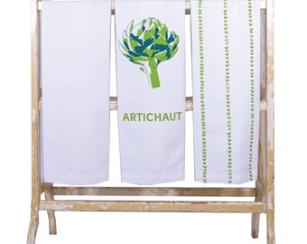 French themed tea towel set with artichoke screen print on panama cotton, designed by Curious Lions and made in the UK. Lovely thick cotton.