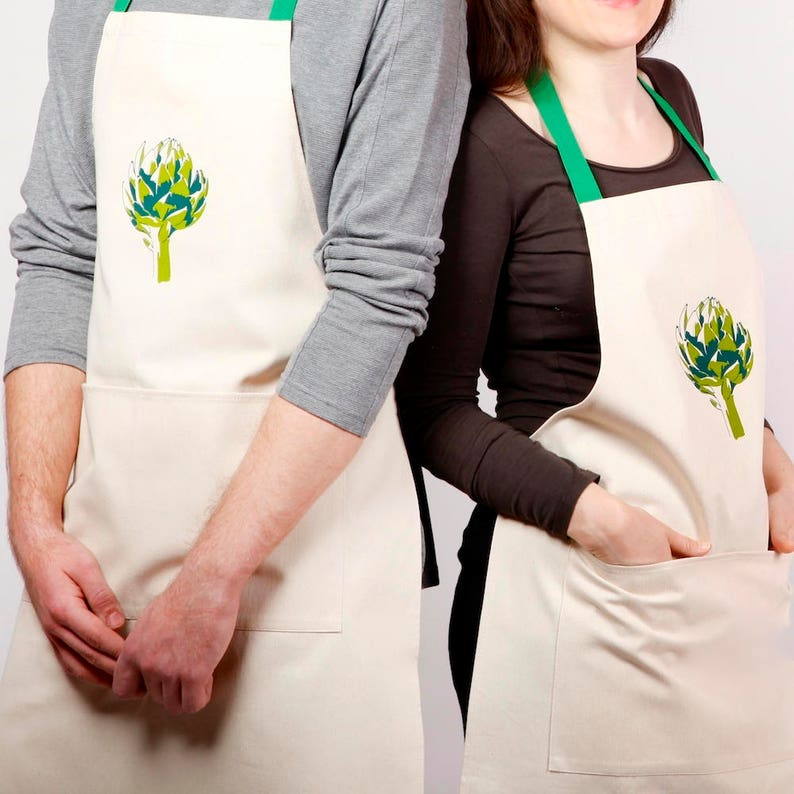 Apron with artichoke screen print, designed by Curious Lions and made in the UK. This unisex natural cotton item makes a rustic gift. image 4