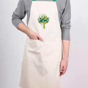 Apron with artichoke screen print, designed by Curious Lions and made in the UK. This unisex natural cotton item makes a rustic gift.