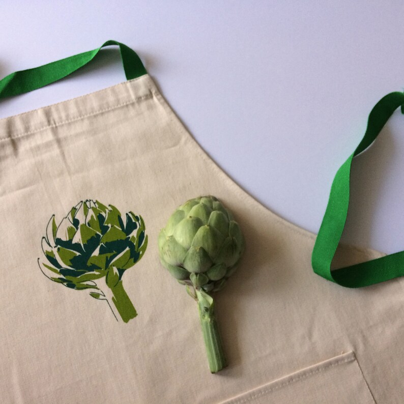 Apron with artichoke screen print, designed by Curious Lions and made in the UK. This unisex natural cotton item makes a rustic gift. image 7