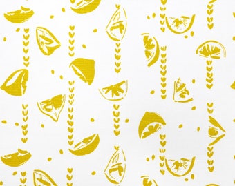 Screen printed lemons fabric medium weight. Mid century theme designed by Curious Lions in the UK for craft and interior decor projects.