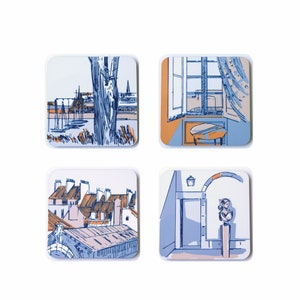 Burnt orange themed coaster set of 4, made from cork and wipeable laminate depicting the french port of St Malo. Designed by Curiouslions.