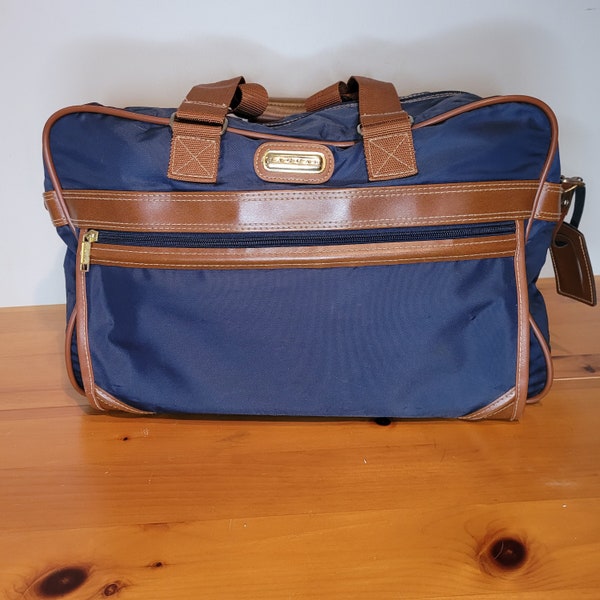 Vintage Jaguar Duffel Bag Tan Leather Weekend Bag Messenger Carry-on Navy Blue Canvas Luxury Travel Bag 1980s Retro Overnight Bag