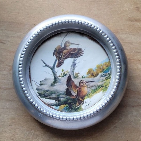 VTG 1970's Fred Sweney Wildlife Print Pewter Coaster Pin Dish Woodcocks Nature, Wildlife, Flying, Birds, Tree Stump, Contemporary, Rare Find