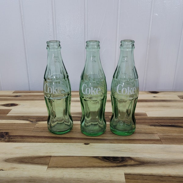 VTG COKE LOT of (3) 6.5oz Collectible Green Glass Vase Money Back Bottles 1990s Coke Advertising Memorabilia Unique Retro Coke Lover Gift