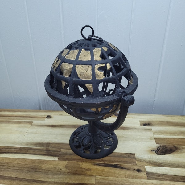 Antique Japanese Rare Old Five Continents Globe Lighting Lantern, Black Cast Iron and Gold Gilt Fine Asian Art Sculpture SCHNEIBLE FINE ART