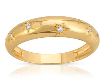 14K Solid Gold Diamond Starburst Band, Celestial Stacking Ring