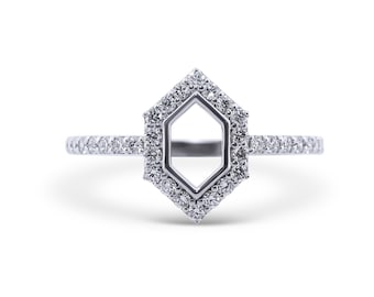 14K Gold Hexagon Halo Ring- Diamond Pavé
