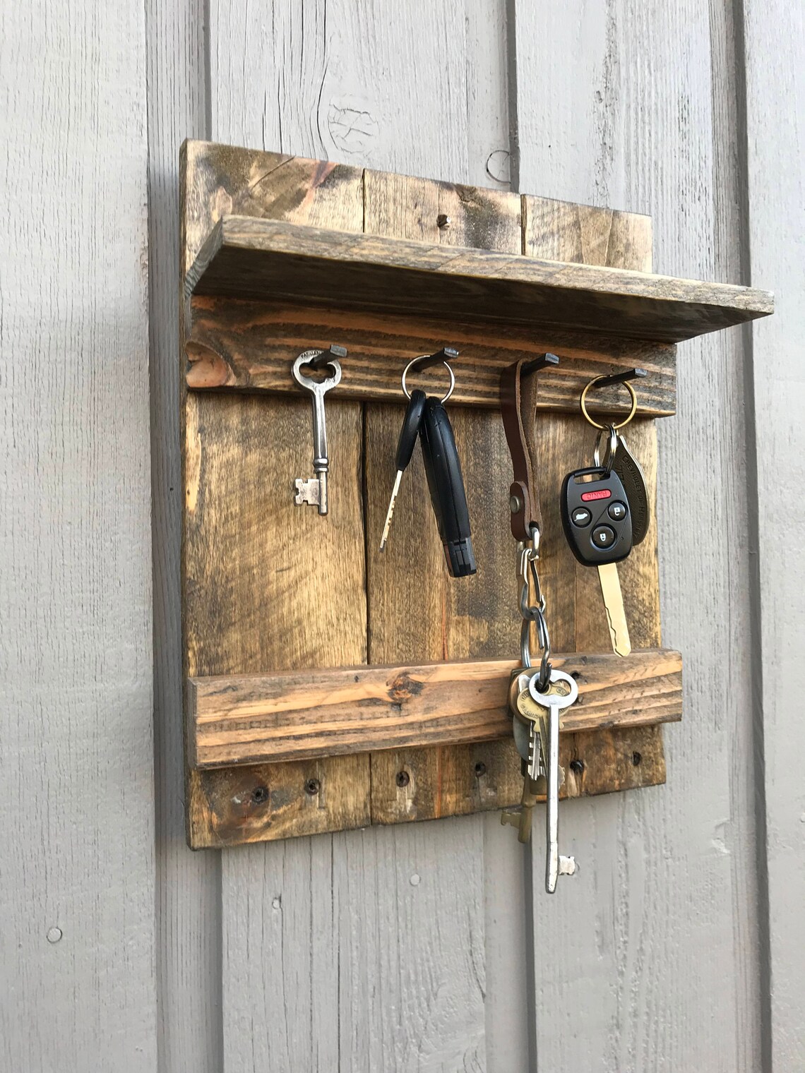Recycled Pallet Wood Key Rack With Shelf, Rustic Walnut Finish - Etsy