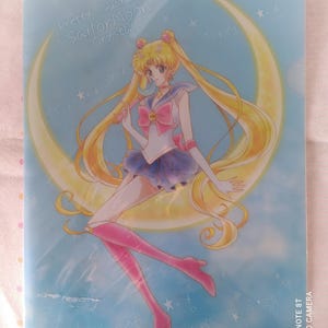 K&ouml;nnte beinhalten: Ein durchsichtiger Plastikordner mit einer bunten Illustration von Sailor Moon, die auf einem Halbmond steht. Der Text "Pretty Guardian Sailor Moon Crystal!" ist auf dem Ordner aufgedruckt.