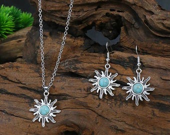 Conjunto de collar y pendientes de turquesa estilo bohemio vintage.