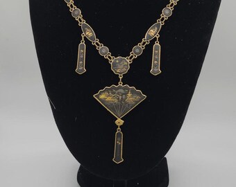 Vintage Japanse damasceen sieradenset, K24 goud inlegwerk, waaiermotief