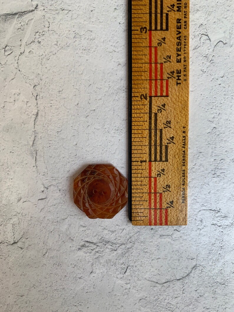 Vintage 18 Small Amber Colored Octagonal Etched Design Plastic Buttons Amber Brown Two Hole Vintage Unique Plastic Buttons