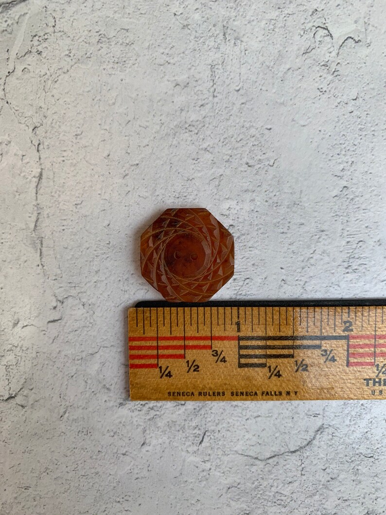 Vintage 18 Small Amber Colored Octagonal Etched Design Plastic Buttons Amber Brown Two Hole Vintage Unique Plastic Buttons