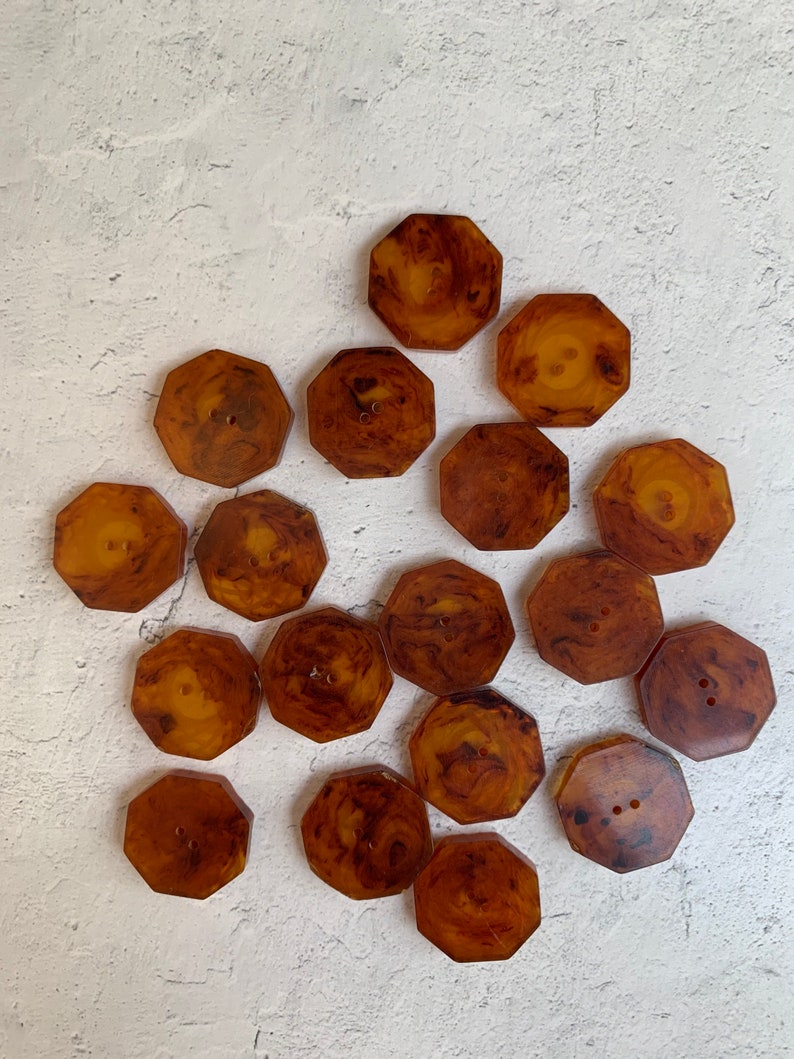 Vintage 18 Small Amber Colored Octagonal Etched Design Plastic Buttons Amber Brown Two Hole Vintage Unique Plastic Buttons