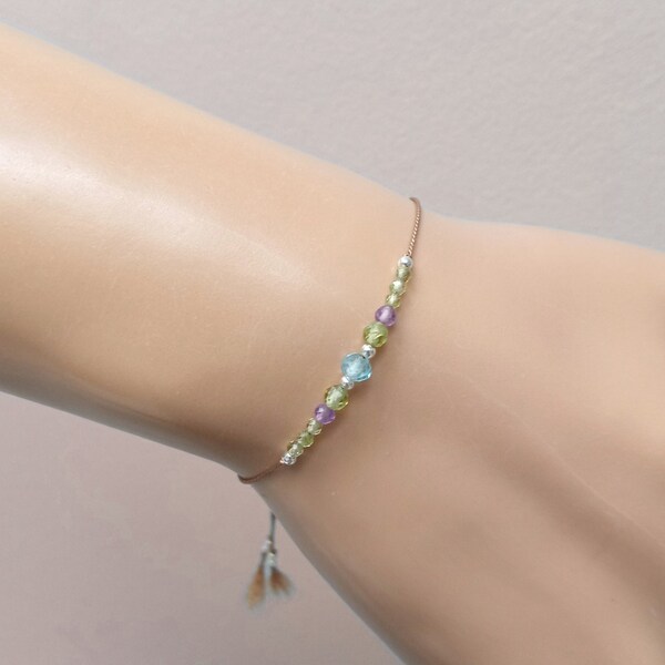 Aquamarin mit Peridot & Amethyst Kristallarmband, verstellbares String-Armband