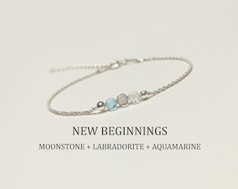 Personal Growth & New Beginnings - Sterling Silver Bracelet with Aquamarine, Labradorite and Moonstone