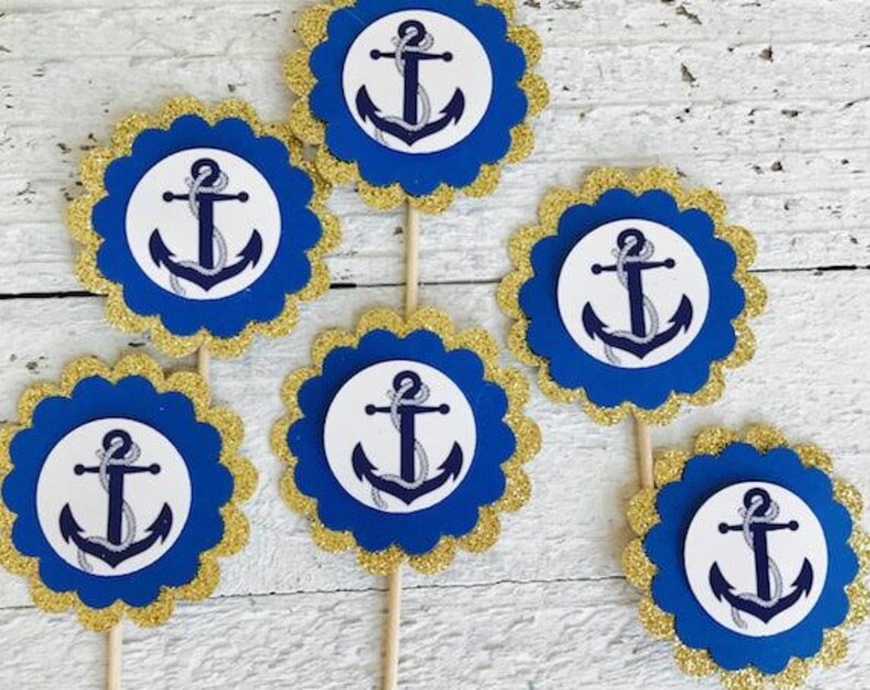 Navy and Gold Nautical party favor 12 Cupcake toppers Food toppers Nautical baby shower Nautical decorations Nautical theme