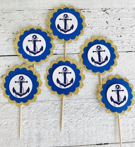 Navy and Gold Nautical Party Favor 12 Cupcake Toppers Food Toppers Nautical  Baby Shower Nautical Decorations Nautical Theme Nautical Cupcake 