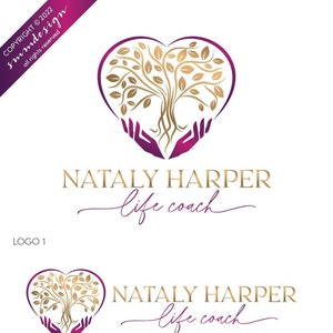 Diseño del logotipo del entrenador de vida, logotipo del corazón, logotipo del terapeuta, logotipo del instructor de yoga, logotipo del sanador, logotipo del bienestar, logotipo del árbol con las manos, manos de la mujer 678