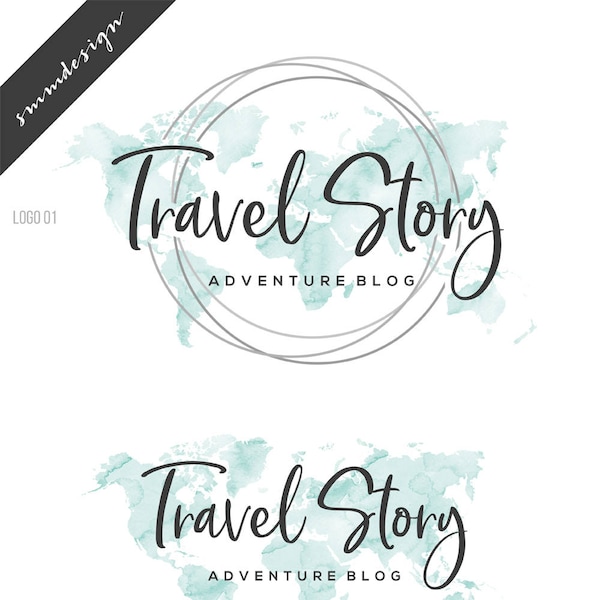 Travel Logo Watercolor Logo, Premade logo Branding Package, World map, Blogger logo, Blog logo, Travel art kit, travel watercolor kit, 210