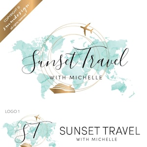 May include: A logo design for "Sunset Travel with Michelle" featuring a world map in teal watercolor, gold accents, and a stylized airplane and cruise ship. The design includes variations of the logo.