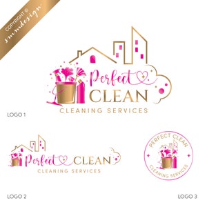 May include: A logo for "Perfect Clean Cleaning Services" featuring a gold bucket with cleaning supplies, a pink spray bottle, and the text "Perfect Clean" in pink and gold. The design includes a house and cityscape.