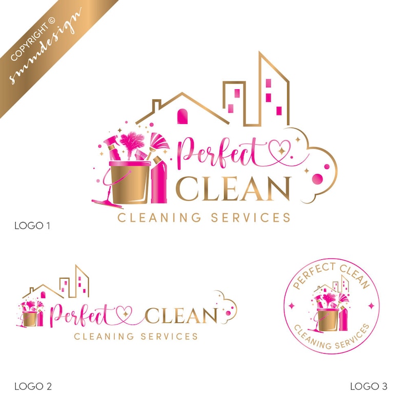 May include: A logo for "Perfect Clean Cleaning Services" featuring a gold bucket with cleaning supplies, a pink spray bottle, and the text "Perfect Clean" in pink and gold. The design includes a house and cityscape.