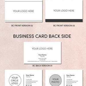 May include: Five different business card templates with variations of a logo, contact information, and a photo or circle logo. The templates are labeled with the text "BC Front Version 01", "BC Front Version 02", "BC Front Version 03", "BC Back Version 01", "BC Back Version 02", "BC Back Version 03", "BC Back Version 04", and "BC Back Version 05".
