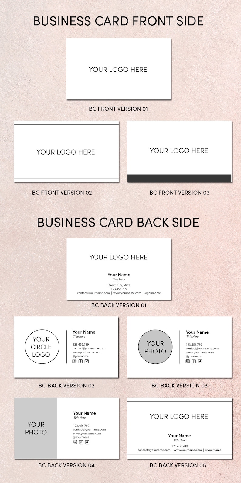 May include: Five different business card templates with variations of a logo, contact information, and a photo or circle logo. The templates are labeled with the text "BC Front Version 01", "BC Front Version 02", "BC Front Version 03", "BC Back Version 01", "BC Back Version 02", "BC Back Version 03", "BC Back Version 04", and "BC Back Version 05".