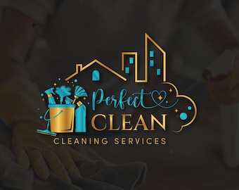 May include: A gold and teal logo for "Perfect Clean Cleaning Services" features a house and building silhouette, a bucket with cleaning supplies, and the text "Perfect Clean". The logo is set against a dark background.