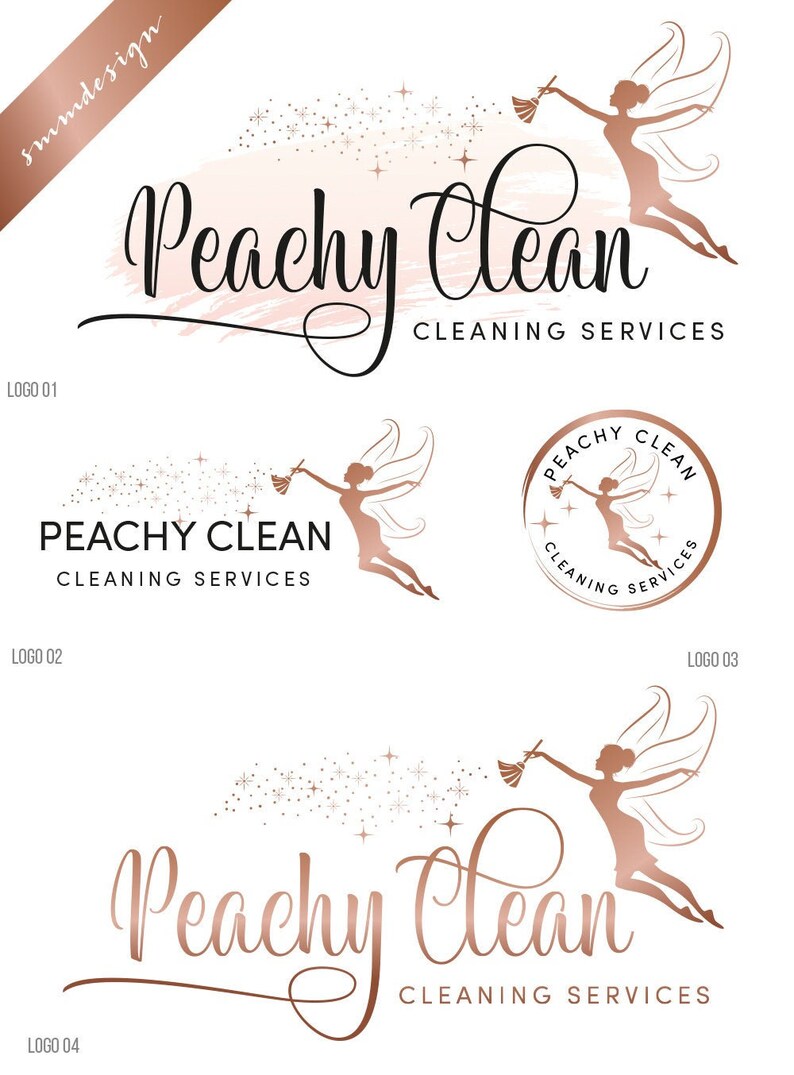 May include: Four logo designs for a cleaning service called "Peachy Clean". The logos feature a fairy with wings and a duster, and the text "Peachy Clean" in a cursive font. The logos are in a pink and gold color scheme.