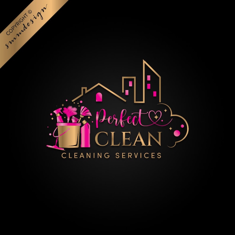 May include: A logo for cleaning services features a gold and pink color scheme. The design includes a house and city skyline, cleaning supplies, and the words "Perfect Clean Cleaning Services."